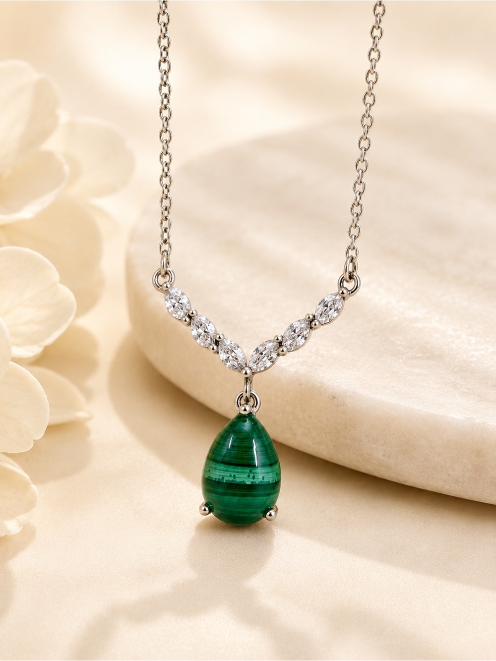African Malachite & Simulated Diamond Necklace | Platinum Over 925 Silver | 18”